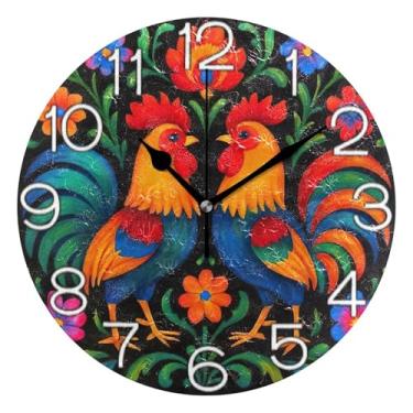Imagem de GAIGEO Relógio de parede decorativo analógico relógio de cozinha bonito operado por bateria silencioso, retrô moderno art déco decoração de parede galo colorido floral vermelho roxo, 25 cm, ponteiros