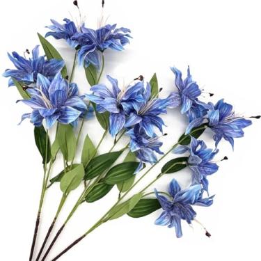 Imagem de Pacote com 4 pacotes de flores artificiais de lírio artificial para decoração de jardim, decoração de escritório, festa de casamento, buquês DIY - Azul