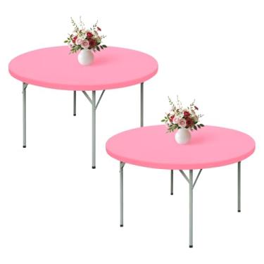 Imagem de Wolkemer Pacote com 2 toalhas de mesa rosa de 1,8 m com bordas elásticas redondas de 152 cm, capa de mesa elástica de elastano com tecido lavável na máquina para festa de casamento, piquenique, jantar