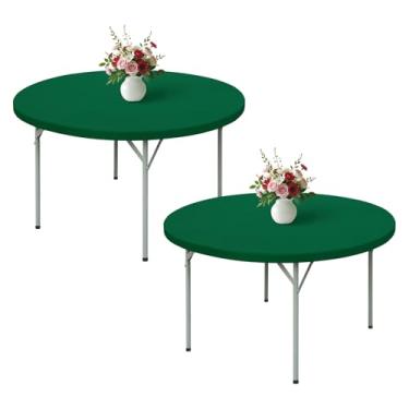 Imagem de Wolkemer Pacote com 2 toalhas de mesa verdes de 1,5 m com bordas elásticas redondas de 152 cm, capa de mesa elástica de elastano com tecido lavável na máquina para festa de casamento, piquenique