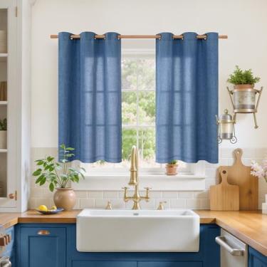 Imagem de YoungsTex Cortinas de linho azul-marinho de 101 cm de comprimento para janelas curtas, cortinas semitransparentes com filtragem de luz com ilhós de bronze, privacidade para cozinha, banheiro, 106 x