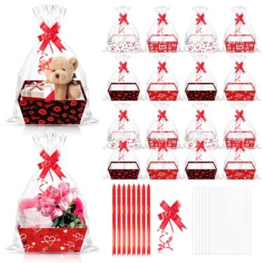 Imagem de CIEOVO 24 conjuntos de cesta de presente de dia dos namorados vazia com estampa de coração sacos de celofane cesta de papelão para presente de dia dos namorados vazia para encher com laços, fitas para