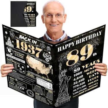 Imagem de Cartão grande de aniversário de 89 anos para homens e mulheres com envelope, decrotações de feliz aniversário de 89 anos, ouro preto, livro de assinatura de convidado gigante, Back in 1937 Big