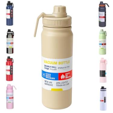 Imagem de Garrafa de Água Térmica Inox 800ml Esportiva com Alça Parede Dupla Isolada a Vácuo Antivazamento Garrafinha Academia Fitness Corrida Esportes Escritório – Premium (Bege)