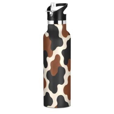 Imagem de Joisal Garrafa de água isolada de aço inoxidável de 590 ml com tampa de canudo para bebidas frias ou quentes, copos de viagem a vácuo de parede dupla com estampa de vaca clássica, marrom, preto, livre