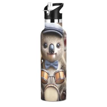 Imagem de Garrafas de água isoladas de aço inoxidável de 590 ml com tampa de palha, linda arte de coala, garrafa de água animal para meninos e meninas, copo de viagem, parede dupla, vácuo, livre de BPA com alça