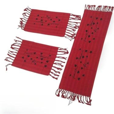 Imagem de Kit Tapete Cozinha 3 Peças Algodão Artesanal com Passadeira Geométrica Decorativa(Vermelho)