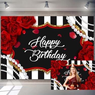 Imagem de 2,1 x 1,5 m, cenário de feliz aniversário, listrado, preto e branco, rosa, branco, pérola, fundo fotográfico, para decoração de festa de aniversário, decoração de mesa de bolo, adereços femininos para