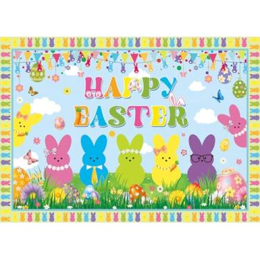 Imagem de Banner de Feliz Páscoa, pano de fundo, 1,8 x 1,5 m, ovos coloridos, coelhinho, primavera, Páscoa, decoração de boas-vindas, adereços para fotos