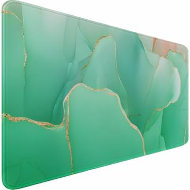Imagem de Mouse pad grande 80 x 30 cm, mousepad para jogos com bordas costuradas, superfície de pano de microfibra premium, base antiderrapante à prova d'água para jogos de escritório em casa, verde mármore