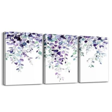 Imagem de Erosebridal Arte de parede em tela de eucalipto verde roxo, decoração de parede de folhas de plantas em aquarela minimalista, pôsteres de arte elegante para quarto de casa, pintura rústica botânica