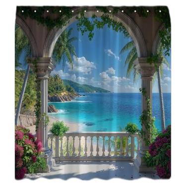 Imagem de Cortina de chuveiro de praia de verão, praia, palmeira, litoral, oceano, tropical, mediterrâneo, praia, cenário havaiano, conjunto de cortina de banheiro com gancho, 187 x 178 cm