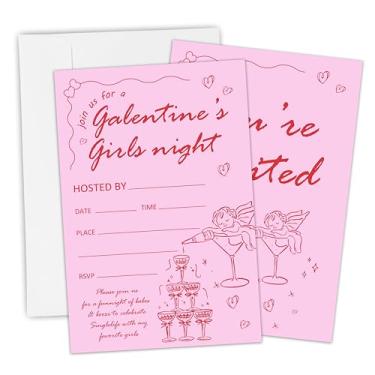 Imagem de Hsupl Convites de festa do dia de Galentine de 10 x 15 cm - Conjunto de 20 cartões de convite para brunch de dia dos namorados retrô com envelopes - Convite de festa de galentine para meninas do dia