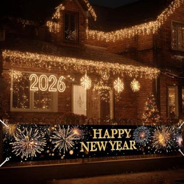 Imagem de HOMETITUTE Banner de Feliz Ano Novo 38 x 50 cm Grande Pano de Fundo Dourado Fogos de Artifício Exterior Decorações de Ano Novo para Cerca Quintal Varanda Festa Pendurado na Parede Feriado Celebração