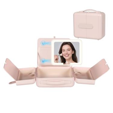 Imagem de BEAUTY CASE Estojo de maquiagem com luz LED e espelho magnético, bolsa organizadora de cosméticos portátil de 30,5 cm com 3 divisórias, recarregável, grande capacidade, iluminação brilhante, presente
