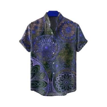 Imagem de Camisa Casual Confortável De Linho Com Estampa Tribal Retro Para Homen