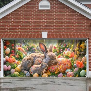 Imagem de Decoração de faixa de porta de garagem, grande decoração de capa de páscoa interna externa para casa, pano de fundo de festa de férias à prova d'água para varanda, quintal, parede (coelhinho da Páscoa