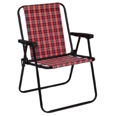Imagem de Cadeira De Praia Em Aço Preto Tecido Xadrez Retro Para Jardim Piscina Camping Lazer Resistente Mor(Xadrez Vermelho,2 Unidades)