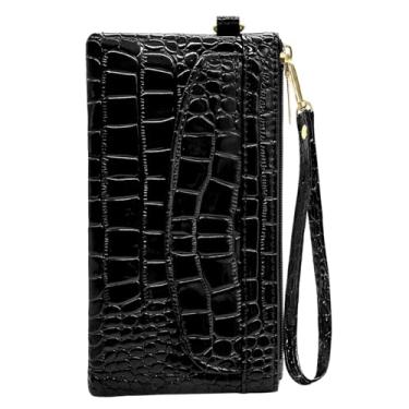 Imagem de LJCZKA Carteira feminina de couro e crocodilo, porta-cartão de crédito para formatura elegante, Preto (com capa frontal)