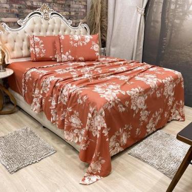 Imagem de Jogo de Cama Lençol Casal Colonial Percal 300 Fios 4 Peças - Coral - C