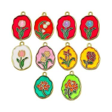 Imagem de Pingentes De Flores Em Esmalte 10pcs, Padrão De Tulipa, Rosa, Lírio E 