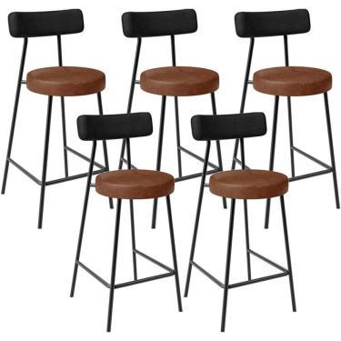Imagem de Kit 05 Banquetas Baixa Cozinha Sala Jantar Bancada Milão L02 Couríssimo Preto Marrom - Lyam Decor