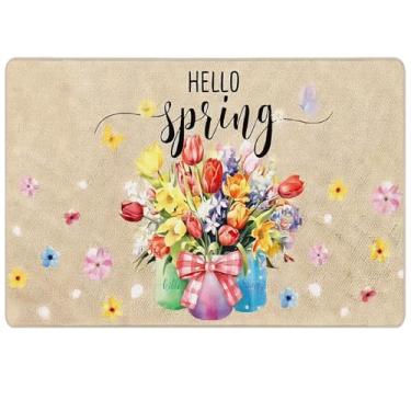 Imagem de RUIZHUO Tapete de porta de primavera com design floral e pássaro Hello Spring, tapete de boas-vindas antiderrapante para porta da frente tapete de varanda decorativo lavável para decoração de