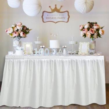Imagem de Conjunto de saia de mesa descartável, saia de mesa branca requintada com babados e toalha de mesa à prova de manchas, conjunto de toalha de mesa retangular para casamento, chá de bebê, dia dos