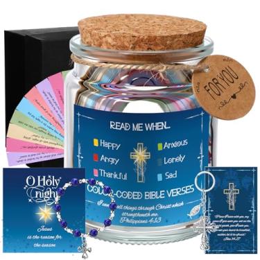 Imagem de Kenning Pote de versículo bíblico, presentes cristãos para mulheres, frasco de oração inspirador com escrituras, 129 peças, cartão de versos inspiradores, pulseira de contas de cruz, chaveiros