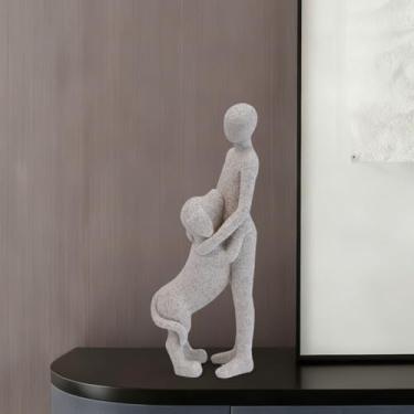 Imagem de JIALINXIA Estatuetas de homem e cachorro, estátua de resina abstrata pintada à mão, escultura memorial de decoração de quarto estética para prateleira mesa de escritório