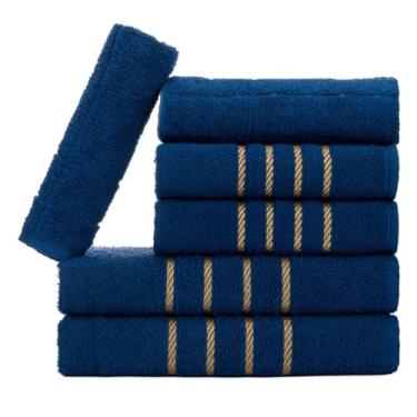 Imagem de Jogo de Toalhas 5 Peças Algodão – 2 Banho, 2 Rosto, 1 Tapete Antiderrapante para Banheiro, Conforto e Absorção (Azul Escuro)