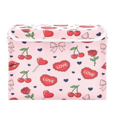 Imagem de Wassud Cestos de armazenamento dobráveis com tampas Love Candy Hearts Cestas organizadoras de tecido dobráveis para armário, decoração sazonal de casa 40 x 30 x 30 cm