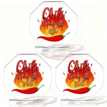 Imagem de MAQUITA 3 peças de troféus Chili Cook Off 13 cm x 9 cm Medalhas de vencedor de acrílico, prêmios de troféu de concurso de culinária com base para decorações de suprimentos de festa Chili Cook Off