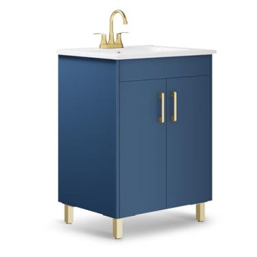 Imagem de phiestina Vaidade de banheiro azul totalmente pré-montada de 61 cm com pia de cerâmica, 2 portas macias, armário de armazenamento para espaços pequenos, não inclui torneira, BV01-BLUE-JH