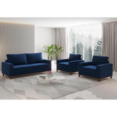 Imagem de Conjunto Estofado Living 3 Lugares + 2 Poltrona Napoles Veludo Azul - 