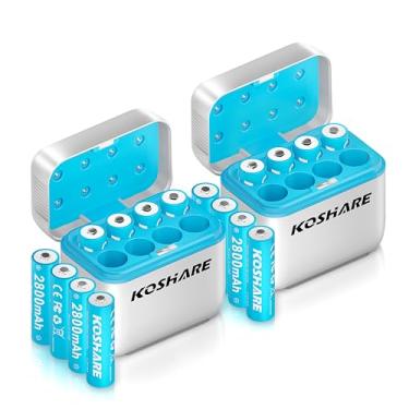 Imagem de KOSHARE Baterias AA recarregáveis com carregadores 16 peças, baterias recarregáveis Ni-MH de 1,2 V com 16 * 2800 mAh AA, 800 ciclos, pré-carga com carregador tipo C e carregador de 8 compartimentos (2