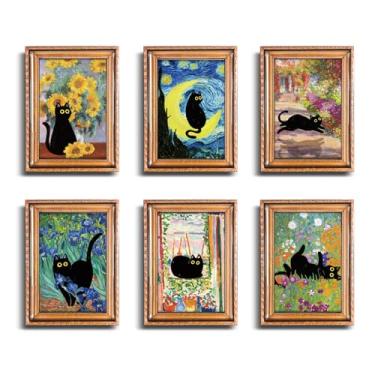 Imagem de Whaline 6 peças de impressão de arte de ímãs de geladeira de madeira adesivos magnéticos pintura famosa com ímã de moldura de gato preto para geladeira de férias metal porta de garagem