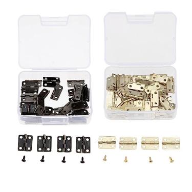 Imagem de 16 x dobradiça de móveis de porta de armário de 13 mm joias caixas de madeira dobradiça decorativa acessórios para móveis + parafusos + caixa de armazenamento 60 peças (ouro)