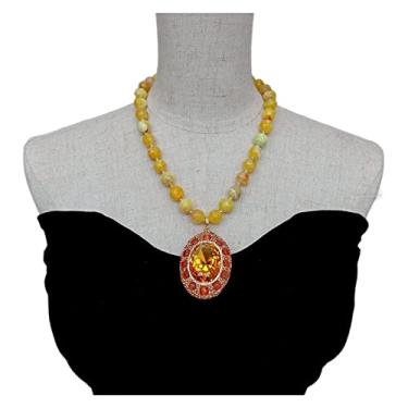 Imagem de DWBPGVUN Colar de ágata redonda amarela de 12 mm 41 x 56 mm com pingente oval de olho de gato com pingente feminino