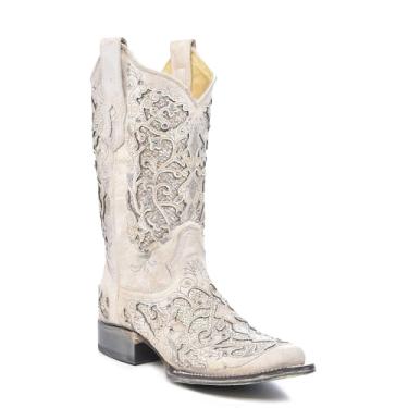 Imagem de CORRAL Bota feminina estilo faroeste, bordado, bordado, 29,2 cm, cano quadrado, bico quadrado, Branco/Branco, 35
