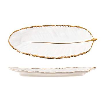 Imagem de Prato de frutas, conjunto de pratos de cerâmica banhado a ouro, bandeja de joias com design de penas da moda, acessórios de mesa, prato de frutas Dim Sum, prato de jantar, branco, 10i