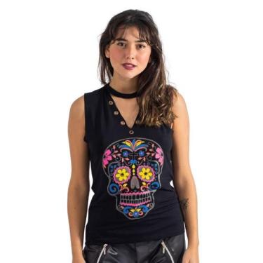 Imagem de Blusa Feminina Choker Estampa Caveira Colorida Estilosa - Deliriyou, P