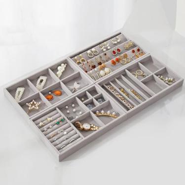 Imagem de Kit 3 Bandejas Porta Joias Veludo Luxo Bandeja Organizadora de Bijuterias Anel Pulseirad Brincos Para Closet Gavetas (Cinza)
