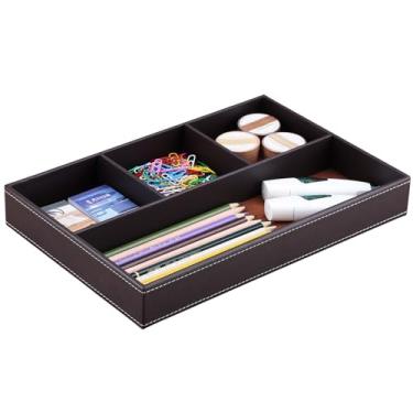 Imagem de KINGFOM – Organizador de 4 compartimentos para gaveta de couro, bandeja de mesa, organizador de sundries, caixa de armazenamento, estojo para lápis, recipiente, Marrom