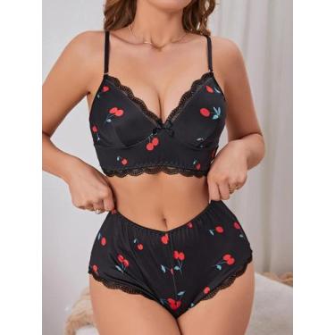 Imagem de Conjunto De Camisola Com Estampa De Cereja Para Mulheres, Decote Em V 