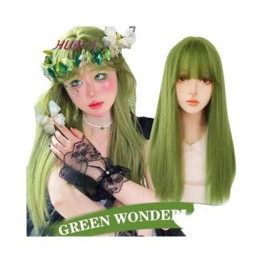 Imagem de Peruca Sintética Longa E Lisa Verde Com Franja Para Mulheres, Cosplay,