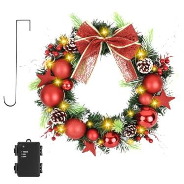 Imagem de TXRXIZ Guirlanda de Natal de 40,6 cm, guirlanda de Natal artificial pré-iluminada com temporizador e gancho, luzes quentes de 50 LEDs, decoração com laço e bola vermelha, etc. para porta, janela e