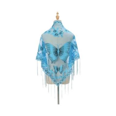 Imagem de Lenço Elegante Feminino Com Estampa De Borboleta E Renda, Cachecol De 