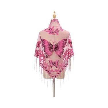 Imagem de Lenço Elegante Feminino Com Estampa De Borboleta E Renda, Cachecol De 