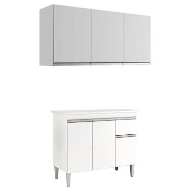 Imagem de Balcão De Cozinha Tatiane Com Tampo 100cm E Armário Aéreo Andréia 3 Portas Branco Brilho - Ajl